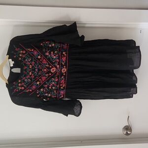 Umgee Black Floral Embroidered Mexican Short Dress